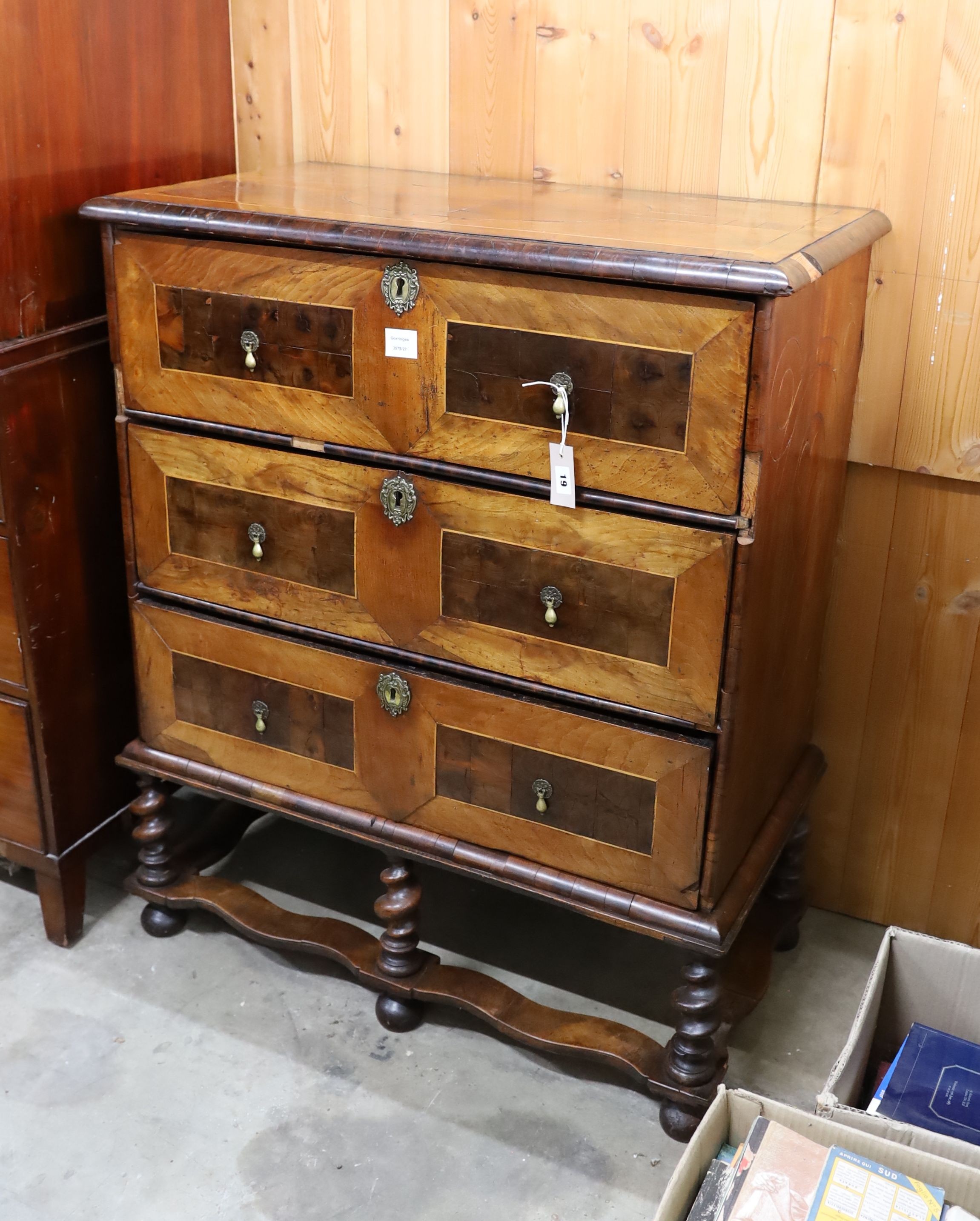 An early 18th century walnut chest on stand, width 90cm, depth 50cm, height 112cm